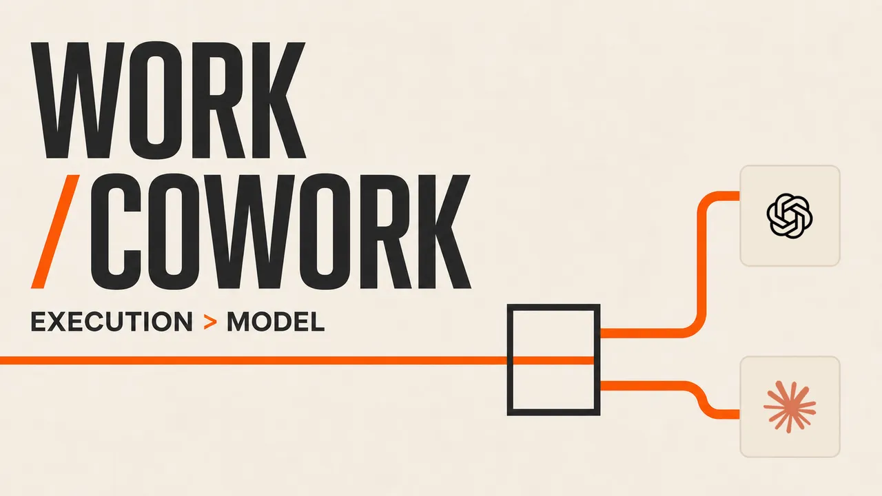 เส้นสีส้มผ่านกรอบควบคุมแล้วแยกไปยังโลโก้ ChatGPT และ Claude ใต้ข้อความ WORK / COWORK และ EXECUTION > MODEL