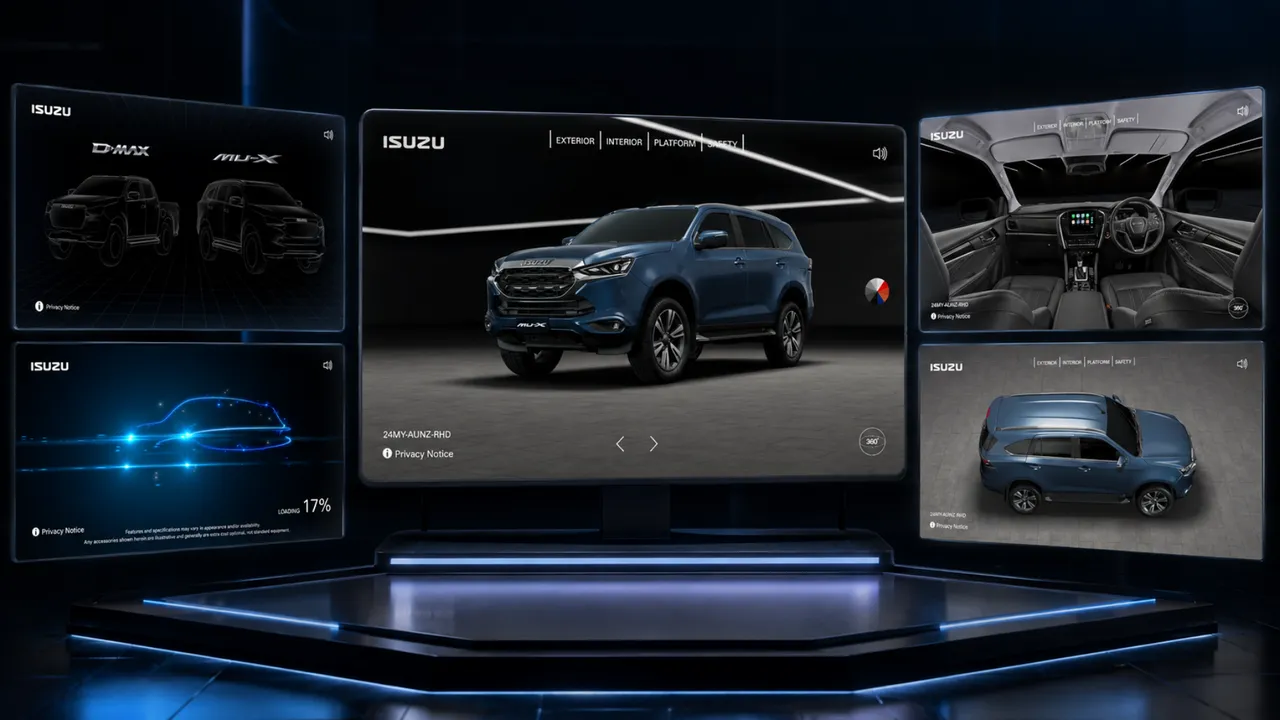 Isuzu VR Showroom screens - MU-X exterior, interior, and 360° views