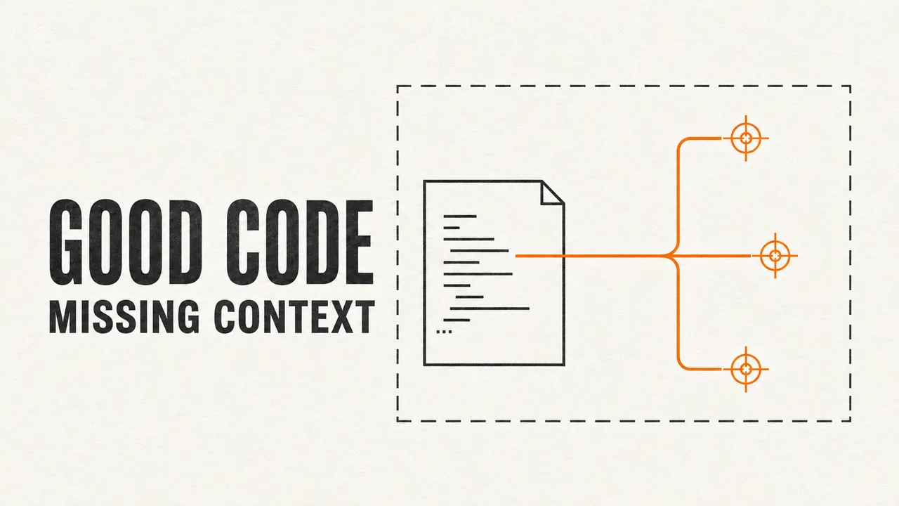 กรอบไฟล์ Code ที่เขียนเรียบร้อยเชื่อมด้วยเส้นสีส้มไปยังขอบเขตระบบที่ใหญ่กว่า พร้อมจุด Scope, Lifecycle และ Concurrency ซึ่งอยู่นอกตัวไฟล์