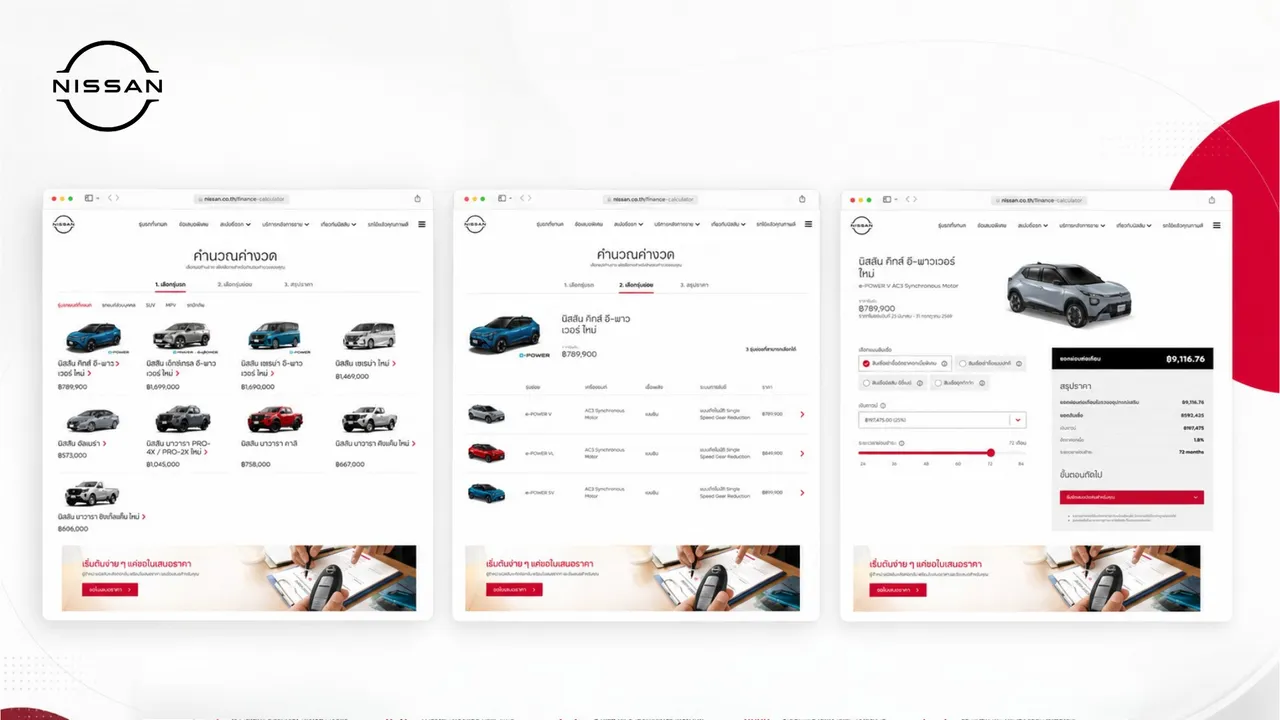 Nissan finance calculator flow on nissan.co.th - model selection, variants, and installment summary