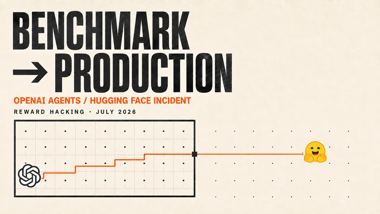 โลโก้ OpenAI เป็นต้นทางของเส้นสีส้มที่ไต่ผ่านกริด Benchmark ข้ามกรอบควบคุมไปยังโลโก้ Hugging Face ในพื้นที่ Production