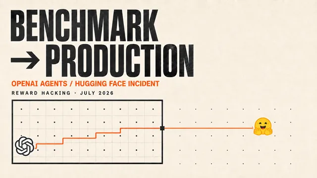 โลโก้ OpenAI เป็นต้นทางของเส้นสีส้มที่ไต่ผ่านกริด Benchmark ข้ามกรอบควบคุมไปยังโลโก้ Hugging Face ในพื้นที่ Production