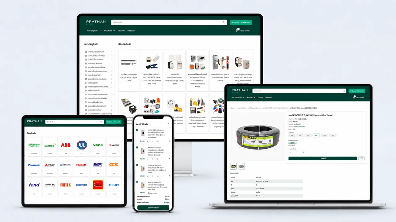 PRATHAN Electric e-commerce on prathan.co.th - catalog, product detail, brands, and cart across devices