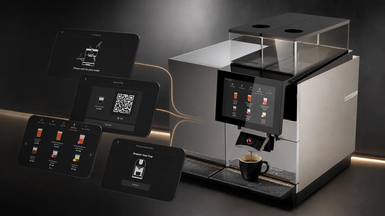 Self-service coffee machine - touchscreen ordering, QR payment, and brewing status screens