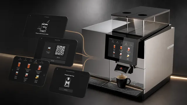 Self-service coffee machine - touchscreen ordering, QR payment, and brewing status screens
